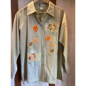 Storybook Pumpkin Fall Squirrel Applique Button Shirt Women’s Large